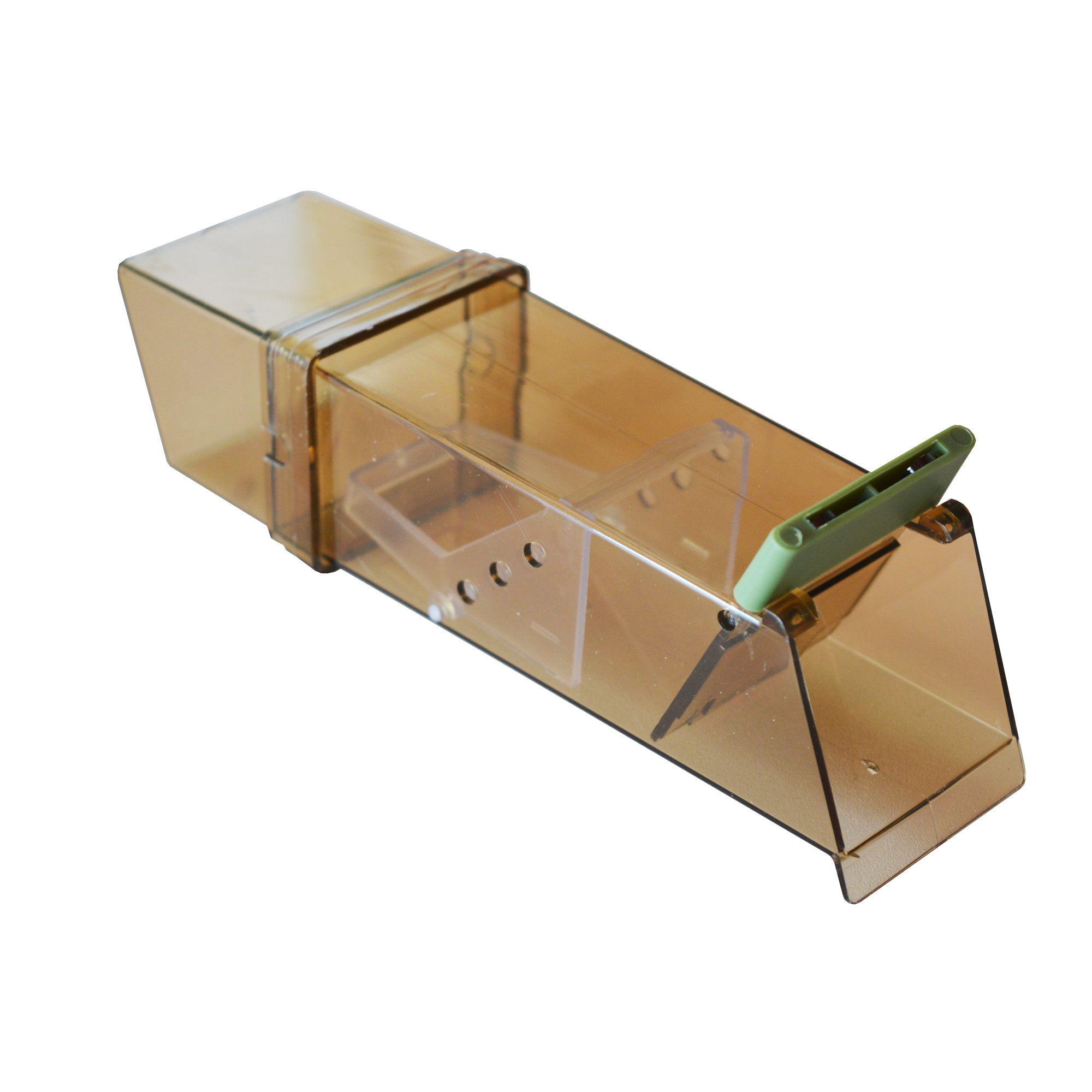 printer-ink-tray, plastic-assembly, transparent-brown, guide-slots, green-clamp